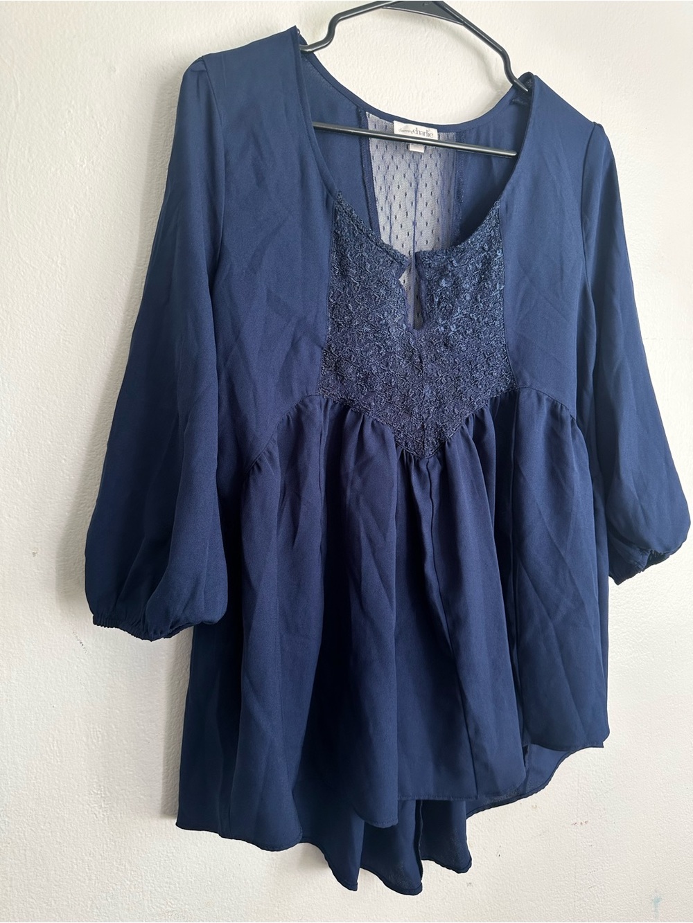 Charming Charlie Navy Lace-Front Peasant Tunic